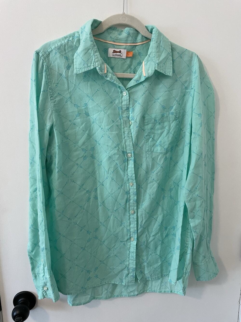 Le Tigre Shirt Top Womens XL Casual Button Up Green Mint ArrowsLong Sleeve 0027